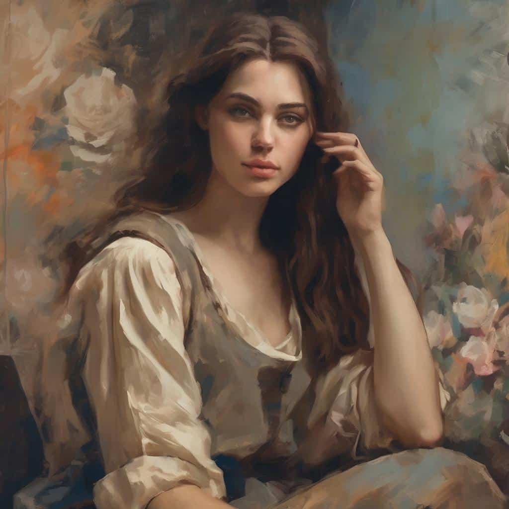 Οξυδωμένο πορτρέτο νεαρής γυναίκας με μακριά καστανά μαλλιά και φυσική έκφραση, σε αριστουργηματικό φόντο με ζωγραφικά στοιχεία, αποπνέει αισθητική και διαχρονικότητα, εστιάζοντας στη δύναμη της γυναικείας ομορφιάς.