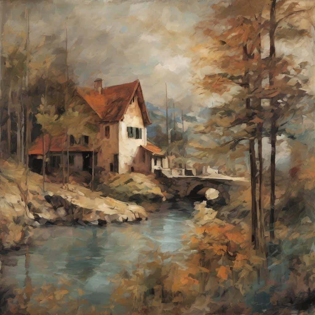Παράθυρο σε τοπίο με παλαιά καλύβια, ποταμό και γεφύρι σε φθινοπωρινό τοπίο, με ατμόσφαιρα ηρεμίας και διαχρονικότητας, τέχνη σε ρετρό και εντυπωσιακό σκηνικό.