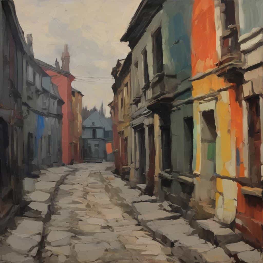 αποκρημνιστική πόλη, ρομαντική γωνιά, φθινοπωρινά χρώματα, παραδοσιακή αρχιτεκτονική, εικόνα σε στυλ ζωγραφιάς, γοητευτικά σοκάκια, ιστορική περιοχή, πολιτιστική κληρονομιά, καλλιτεχνική απεικόνιση, τέχνη και παράδοση.