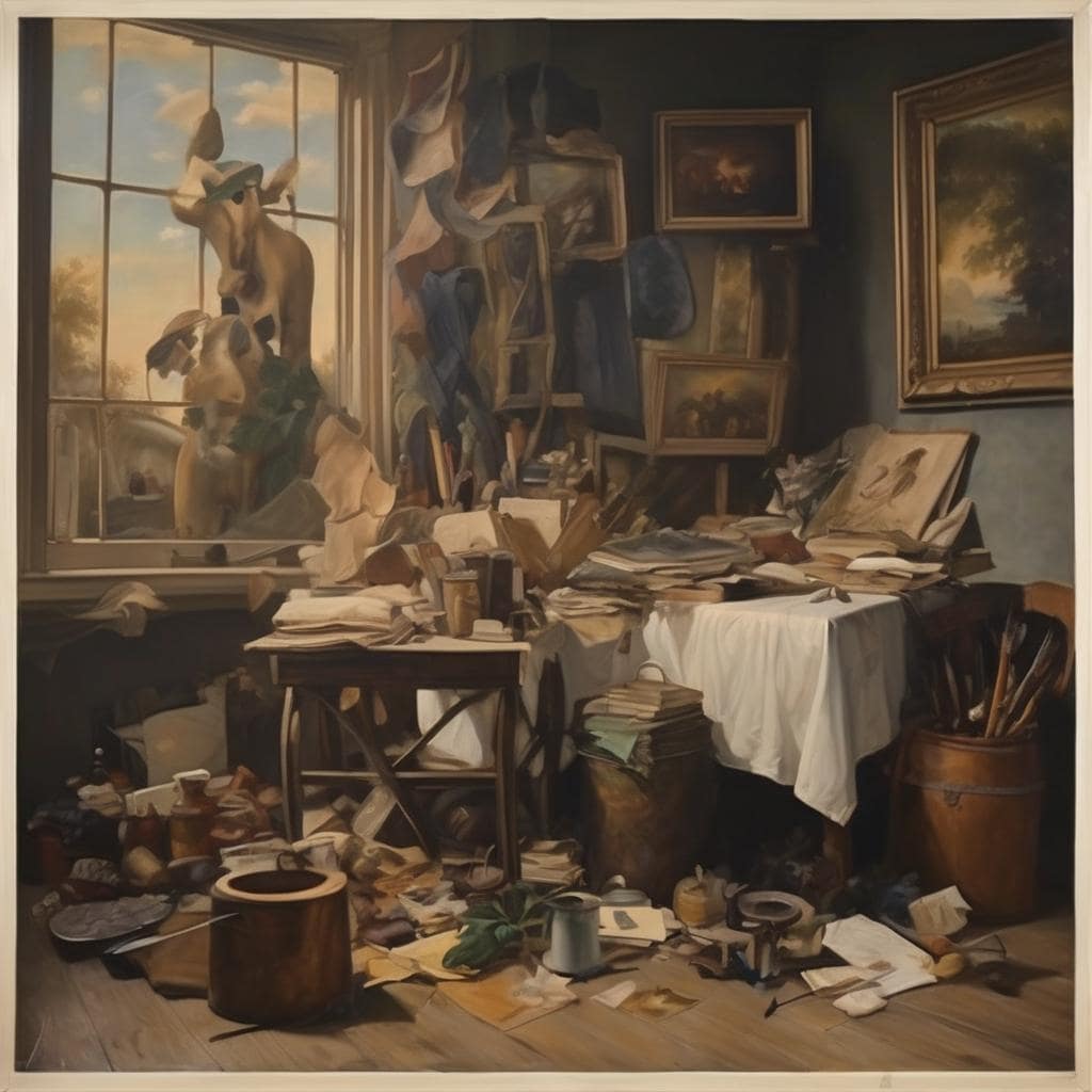 Χαλαρωτικό και καλλιτεχνικό περιβάλλον με στοκ πορτρέτα, βιβλία και αξεσουάρ σε ρουστίκ διακόσμηση, εμπνέει την αίσθηση της αχρονολογίας και της δημιουργικότητας στα έργα τέχνης.