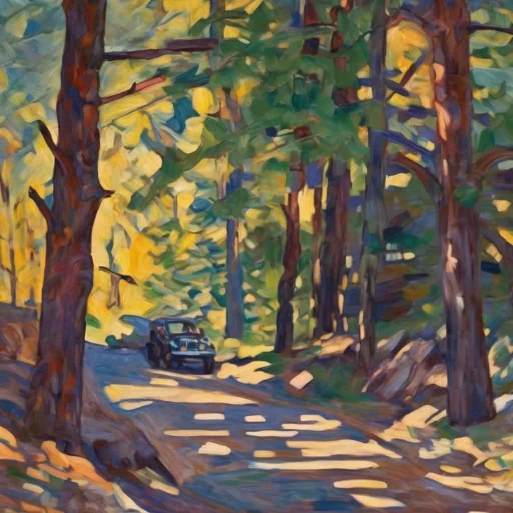 AΛΤ: εικόνα ενός δασικού τοπίου με παλιά αυτοκίνητα ανάμεσα σε ψηλά δέντρα, σε εκφραστικό στυλ ζωγραφικής, που αποπνέει αίσθηση timeless και σύγχρονης τέχνης.