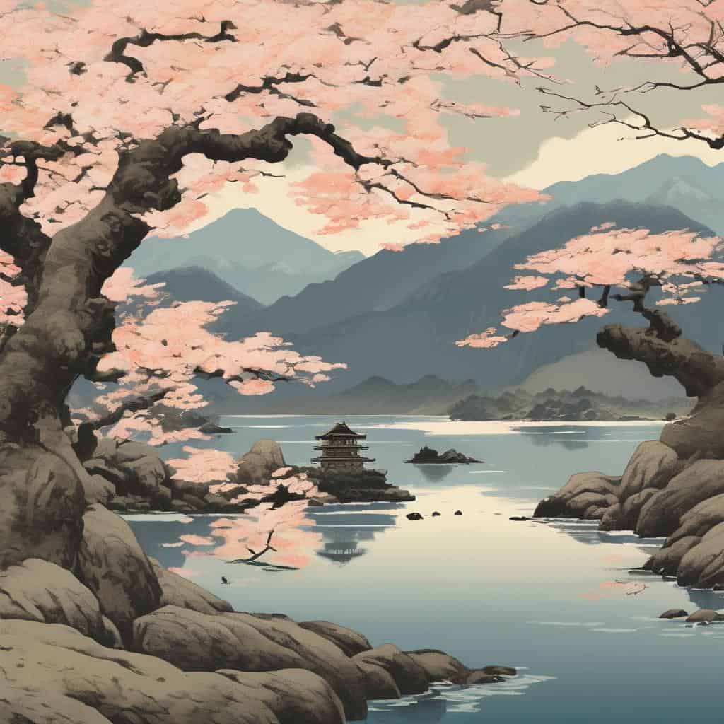 Χαρακτηριστικό φωτογραφία παραδοσιακής ιαπωνική τέχνης με άνθη κερασιάς και ηρεμική λίμνη, που αποπνέει αίσθηση του άχρονου και ομορφιάς.